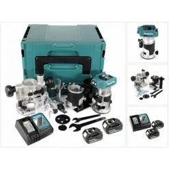 Makita DRT 50 RTJ X2 18 V Li-Ion Affleureuse Plaque De Plâtre Sans Fil Brushless Avec Boîtier Makpac + 2x Batteries BL 1850 5,0 Ah + Chargeur DC18RC + Module De Fraisage