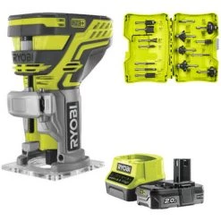 Pack RYOBI Affleureuse à Bois RYOBI 18V OnePlus - R18TR-0 - Coffret 15 Fraises Panachées - 6mm - 1 Batterie 2.0 Ah - 1 Chargeur Rapide