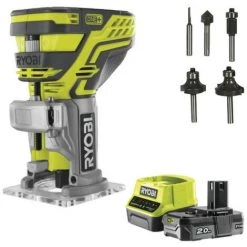 Pack RYOBI Affleureuse à Bois RYOBI 18V OnePlus - R18TR-0 - Coffret 5 Fraises Panachées - 6mm - 1 Batterie 2.0 Ah - 1 Chargeur Rapide